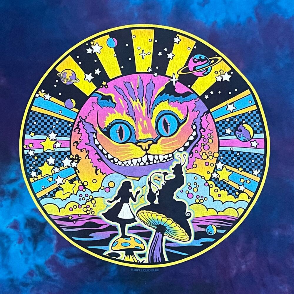 Liquid Blue Shirt Mens L Blue Tie Dye Cheshire Cat Alice Wonderland Psychedelic - Picture 2 of 5